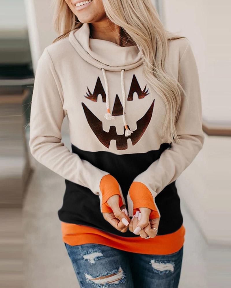 

Halloween Pumpkin Colorblock Long Sleeve Hooded Top, Black