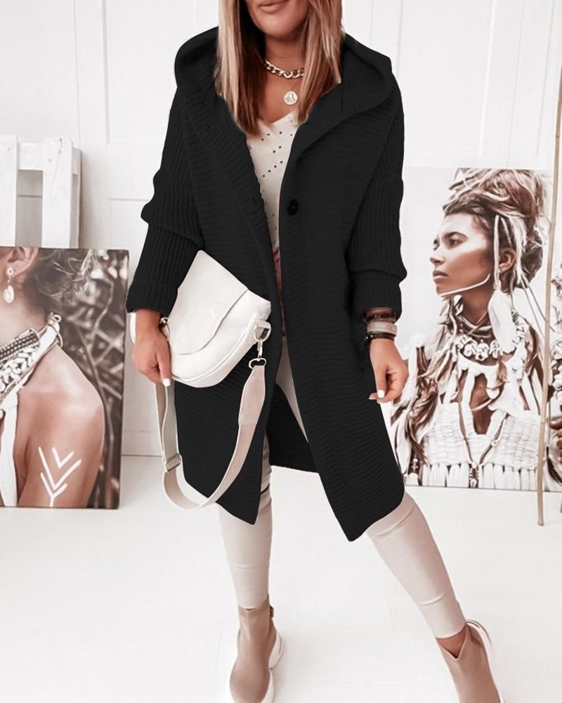 

Long Sleeve Button Front Knit Hooded Cardigan, Black