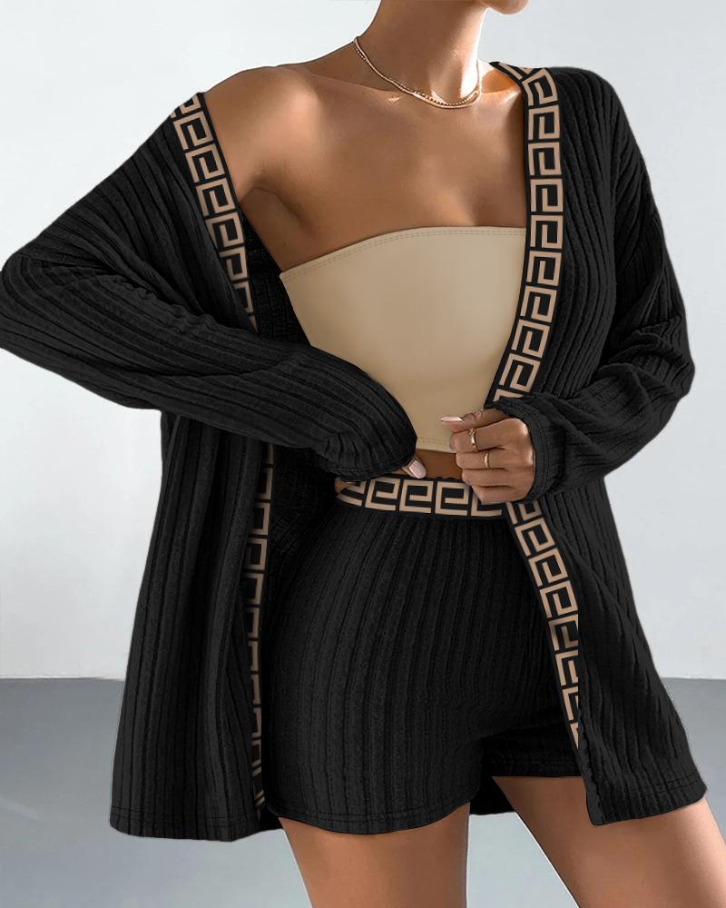 

Geo Tape Patch Ribbed Coat & Shorts Set, Black