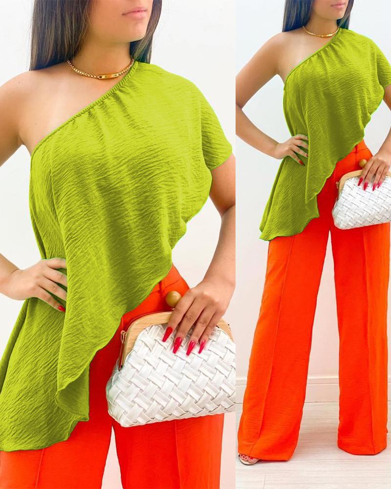 

One Shoulder Asymmetrical Top & Pants Set, Multicolor