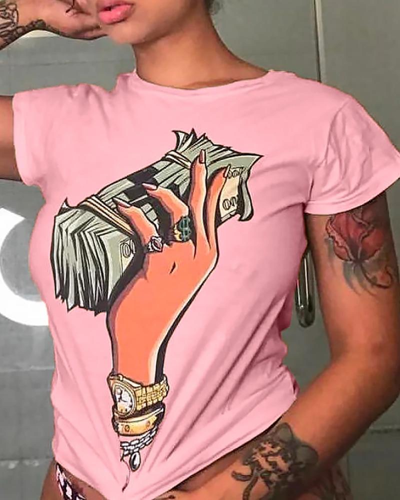 

Graphic Print Short Sleeve Casual T-shirt, Pink