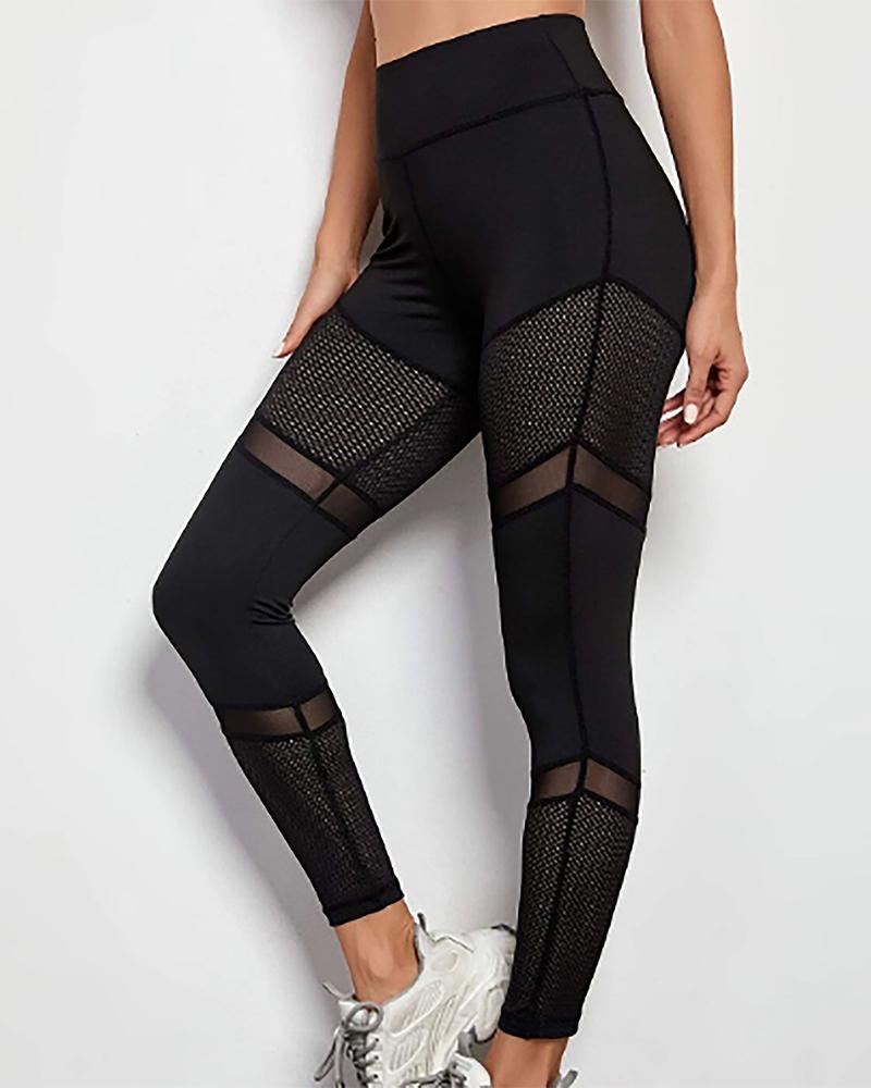 

Sheer Mesh Patch High Waist Yoga Pants, Black
