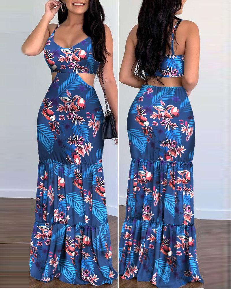 

Tropical Print Cutout Ruffle Hem Cami Maxi Dress, Blue