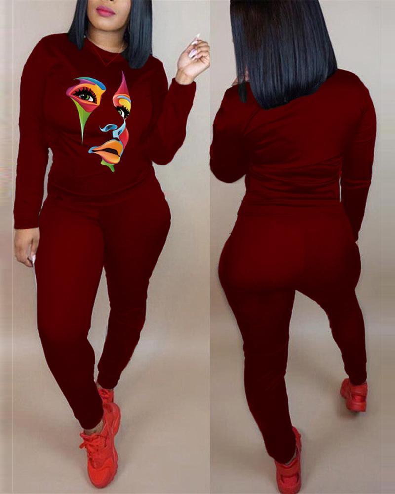 

Plus Size Figure Print Long Sleeve Top & Pants Set, Wine red
