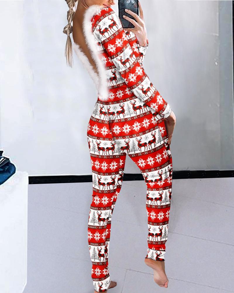 

Christmas Print Feather Trim Backless Adult Onesie, Red