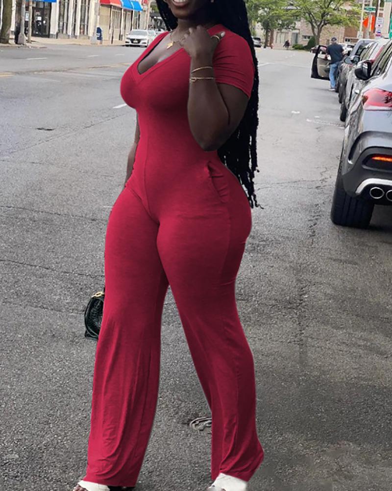 

Plus Size Pocket Design Short Sleeve Jumpsuit, Red