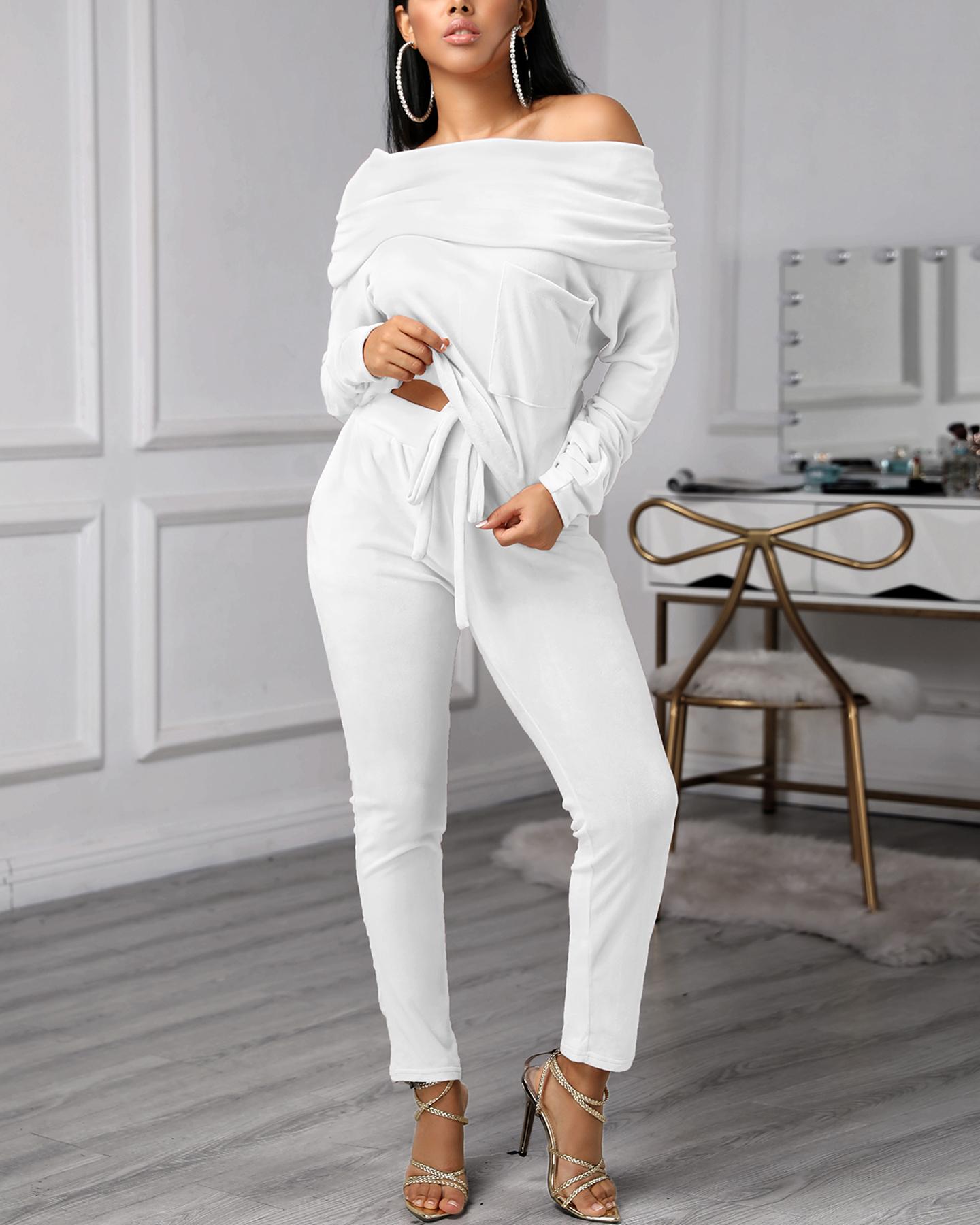 

Velvet Off Shoulder Ruched Top & Drawstring Pant Sets, White