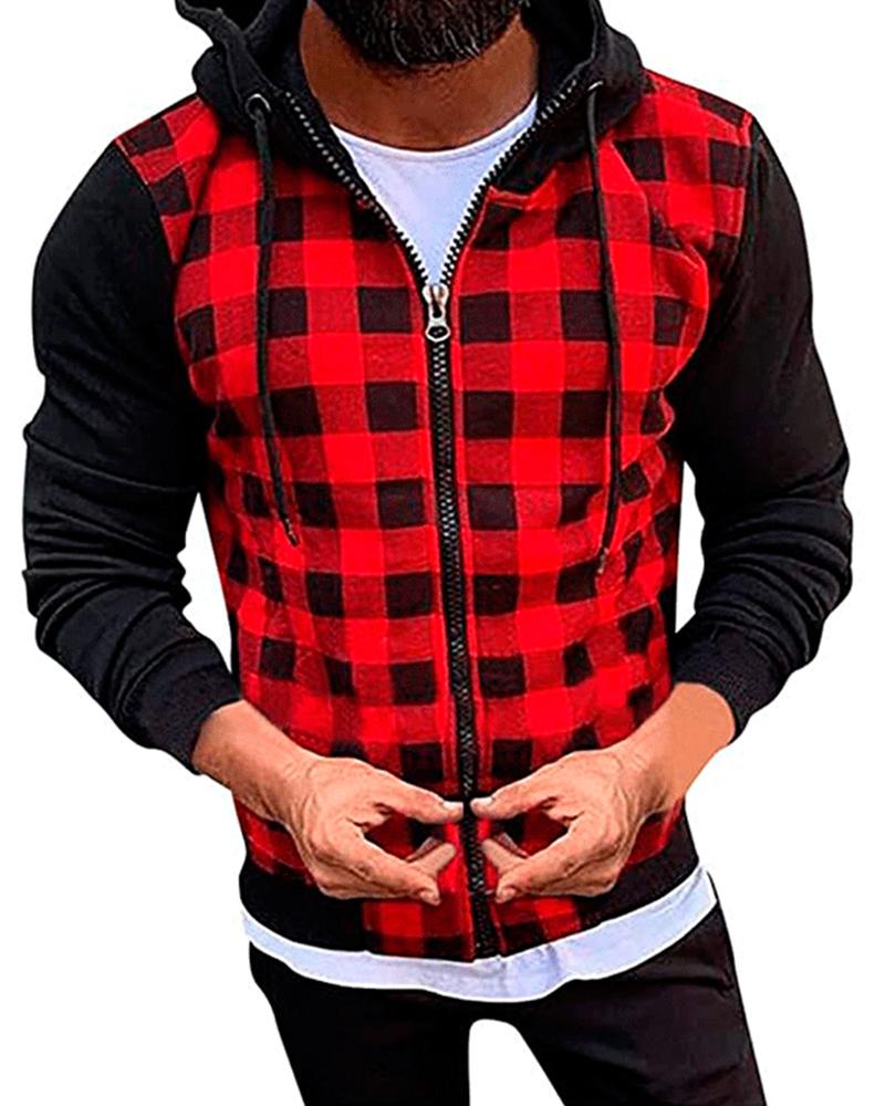 

Casual Plaid Color Block Hooded Coats, Red