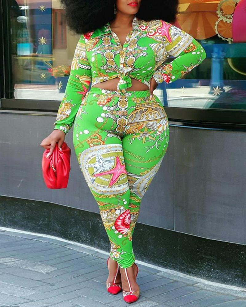 

All Over Print Button Front Top & Pants Set, Green