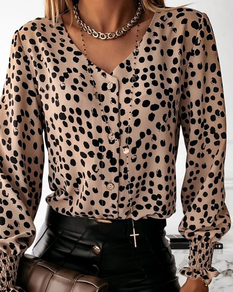 

Dot Print Button Design Long Sleeve Casual Blouse, Brown