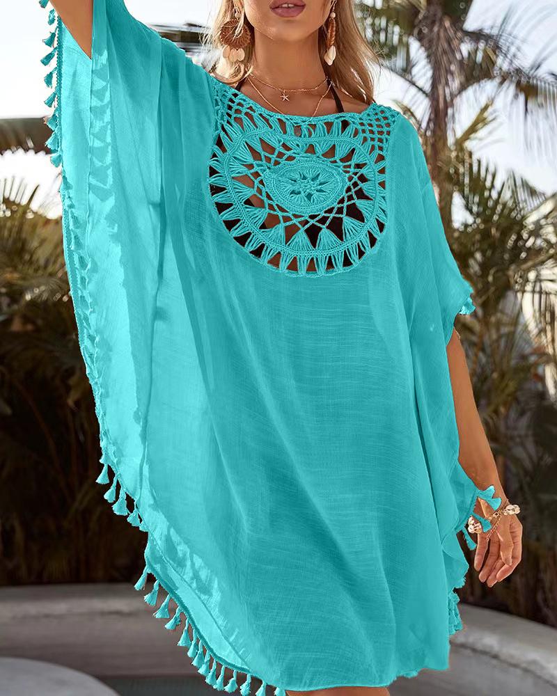 

Tassel Design Batwing Sleeve Geometric Pattern Cover Up Crochet Dress, Blue