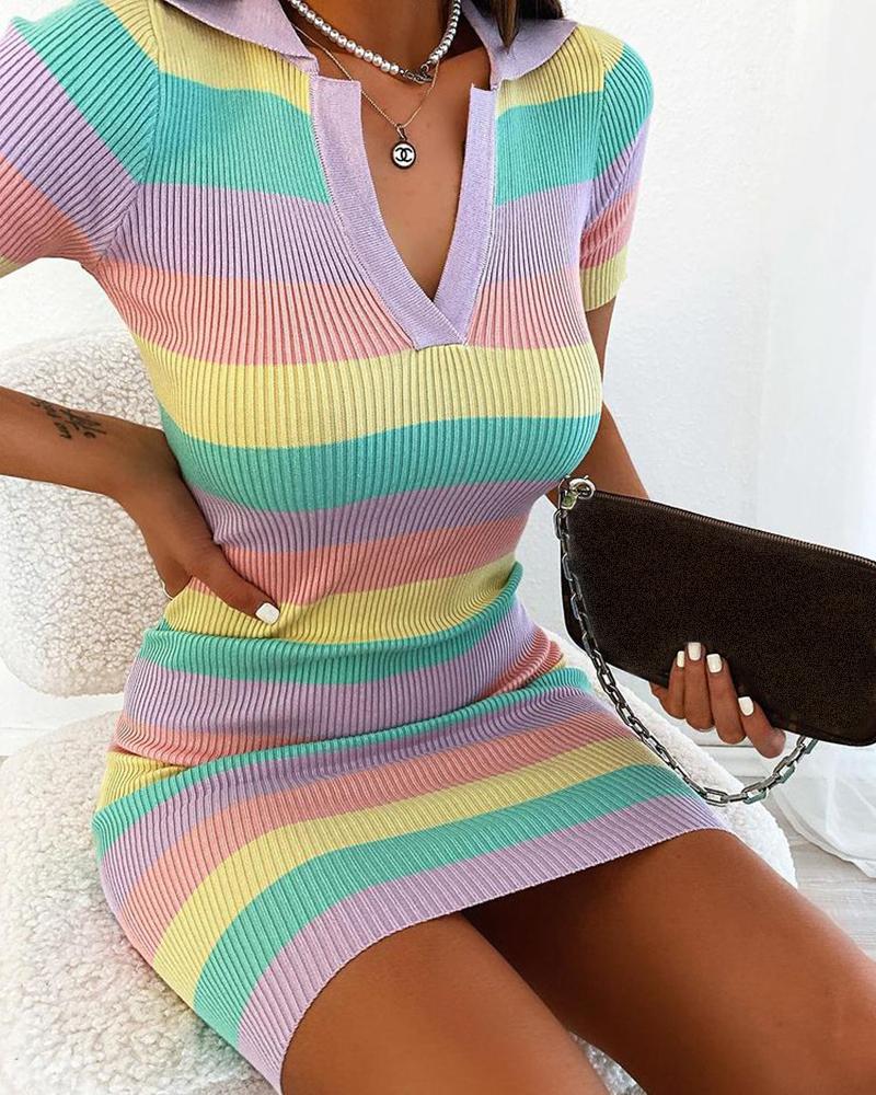 

Short Sleeve V Neck Striped Colorblock Bodycon Dress Slim Rib-knit Dress, Pink