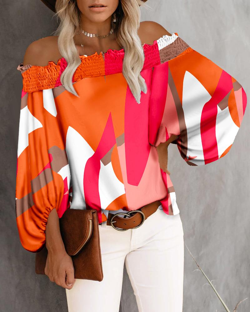 

Geo Print Shirred Off Shoulder Lantern Sleeve Top, Orange