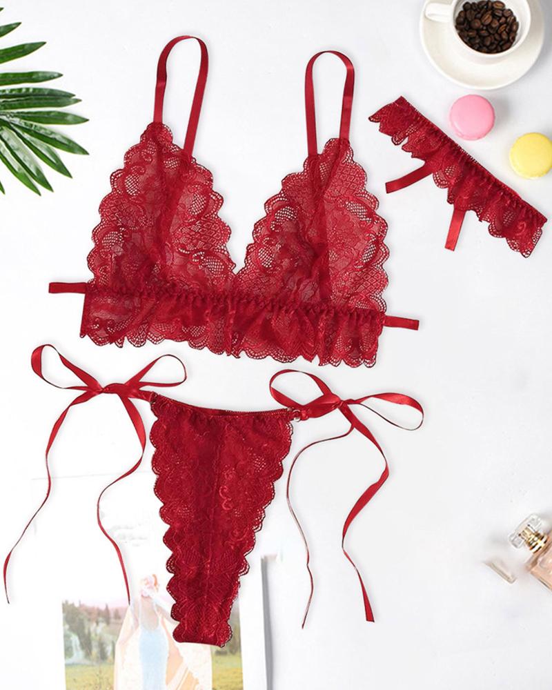 

Scallop Trim Tie Side Lace Garter Lingerie Set, Red