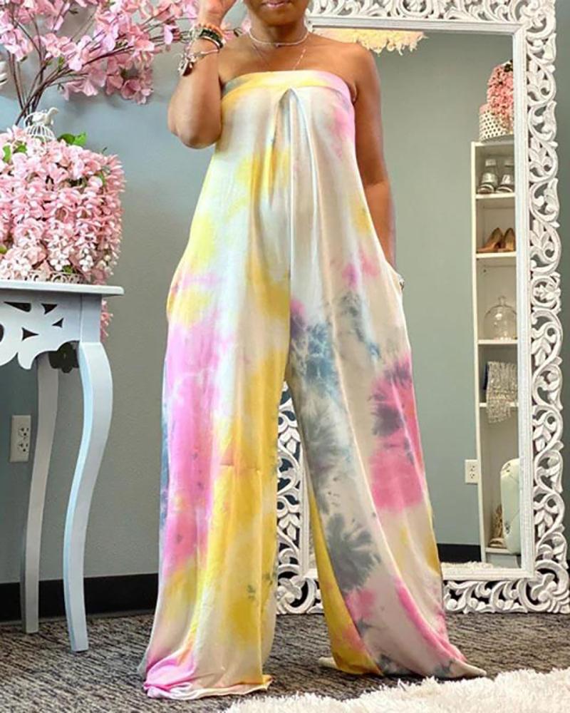 

Tie Dye Print Bandeau Ruched Jumpsuit, Pink