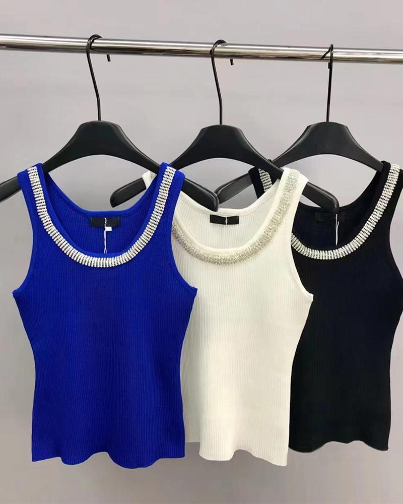 

Rhinestone Decor Knit Tank Top, Blue