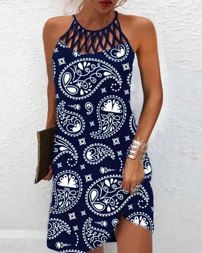 

Paisley Print Hollow Out Swing Dress, Blue