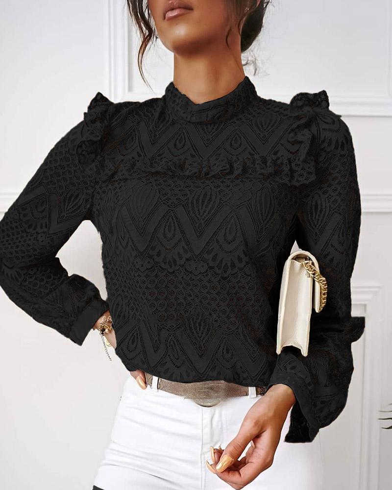 

Lace Frill Hem Hollow Out Long Sleeve Women Top, Black