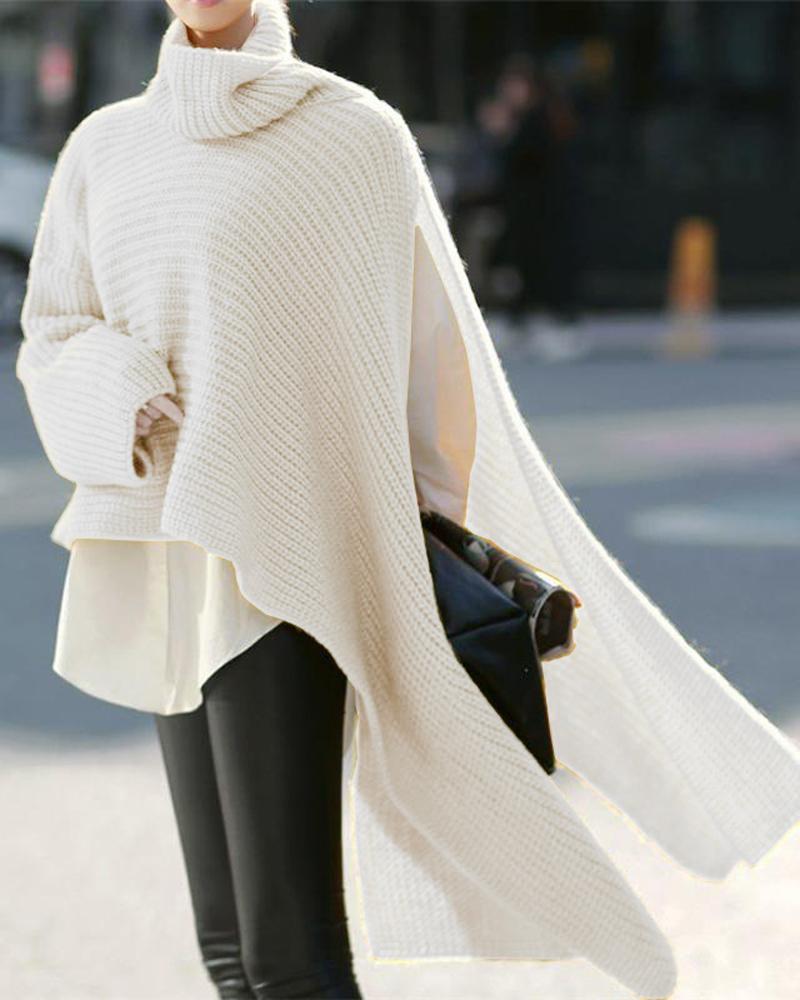 

Asymmetrical Turtleneck Chunky Knit Sweater, White