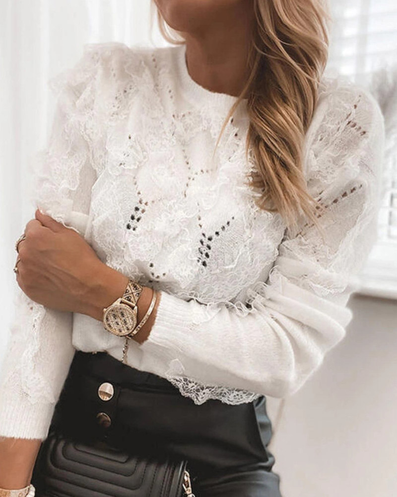 

Long Sleeve Contrast Lace Pointelle Knit Sweater, White