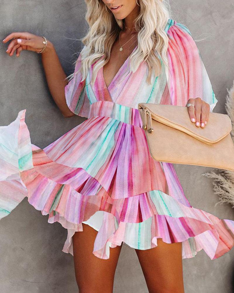 

Tie Dye Print Plunge Ruffle Hem Dress, Multicolor