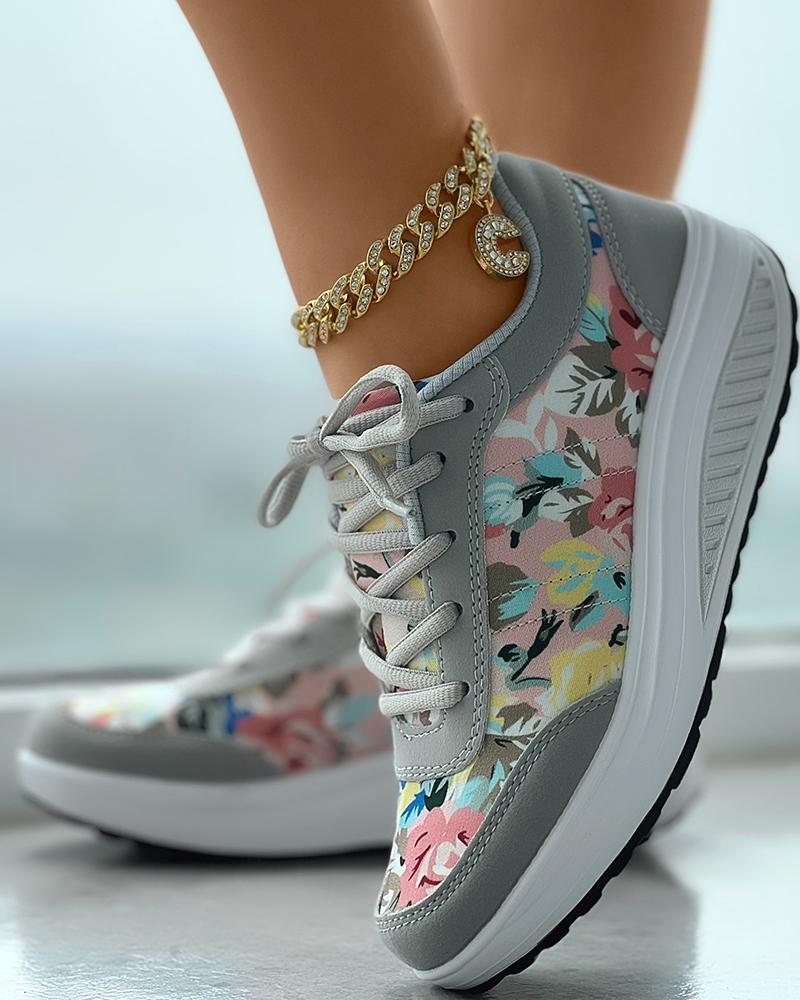 

Floral Print Lace-up Sneakers, Gray&blue