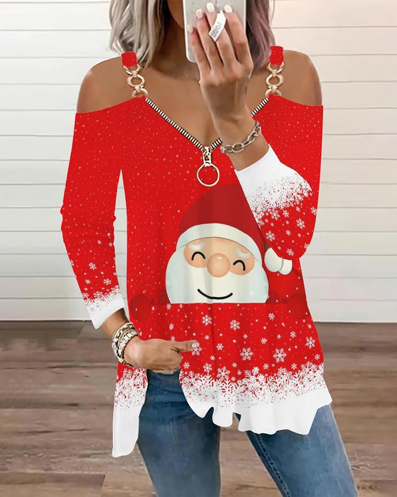 

Christmas Santa Snowflake Print Zipper Design Top, Red