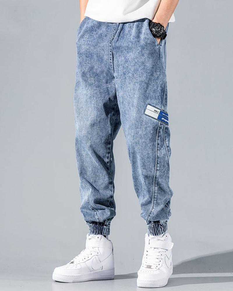 

Solid Color Splicing Label Print Jeans, Blue