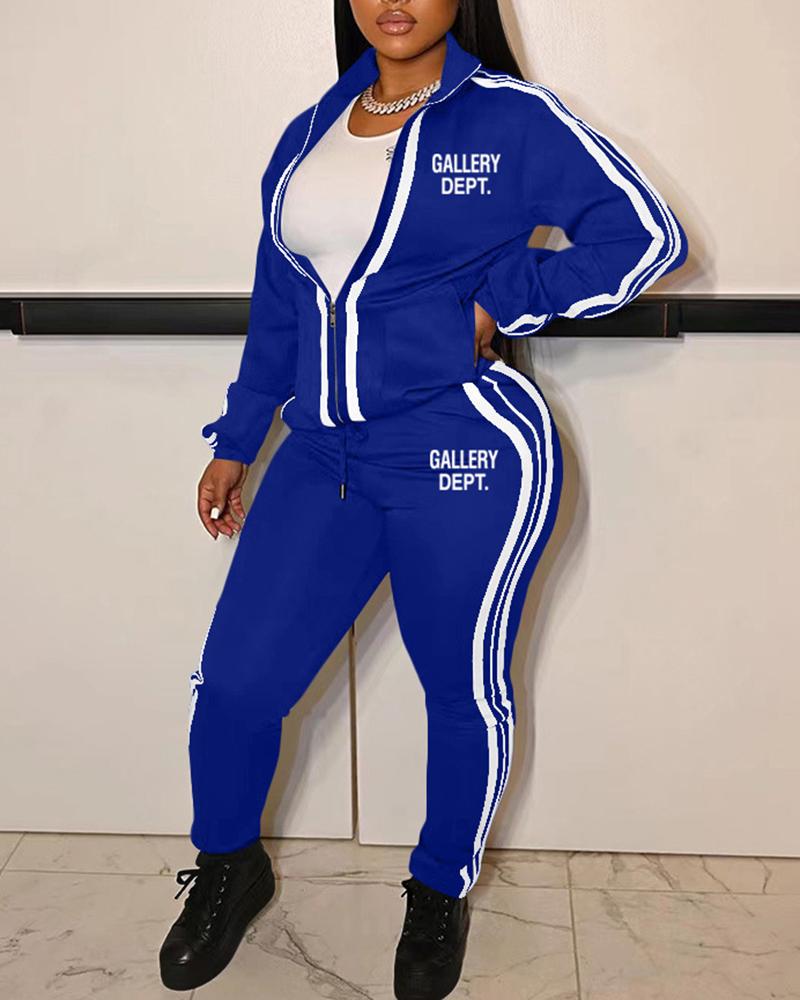 

Letter Pattern Zipper Desigan Top & Pants Set, Blue