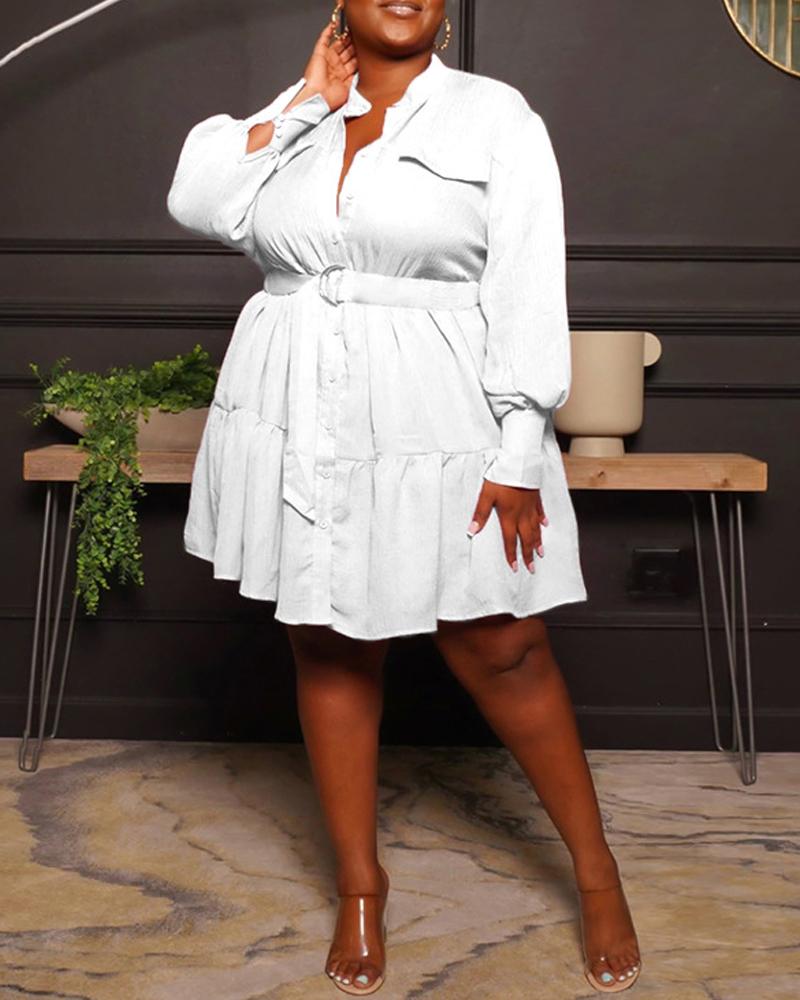 

Plus Size Long Sleeve Ruffle Hem Belted Shirt Dress, White