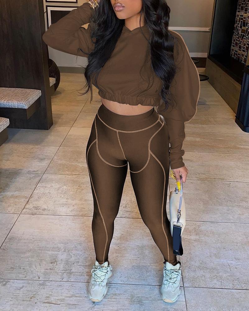 

Striped Print Hooded Crop Top & Pants Set, Coffee