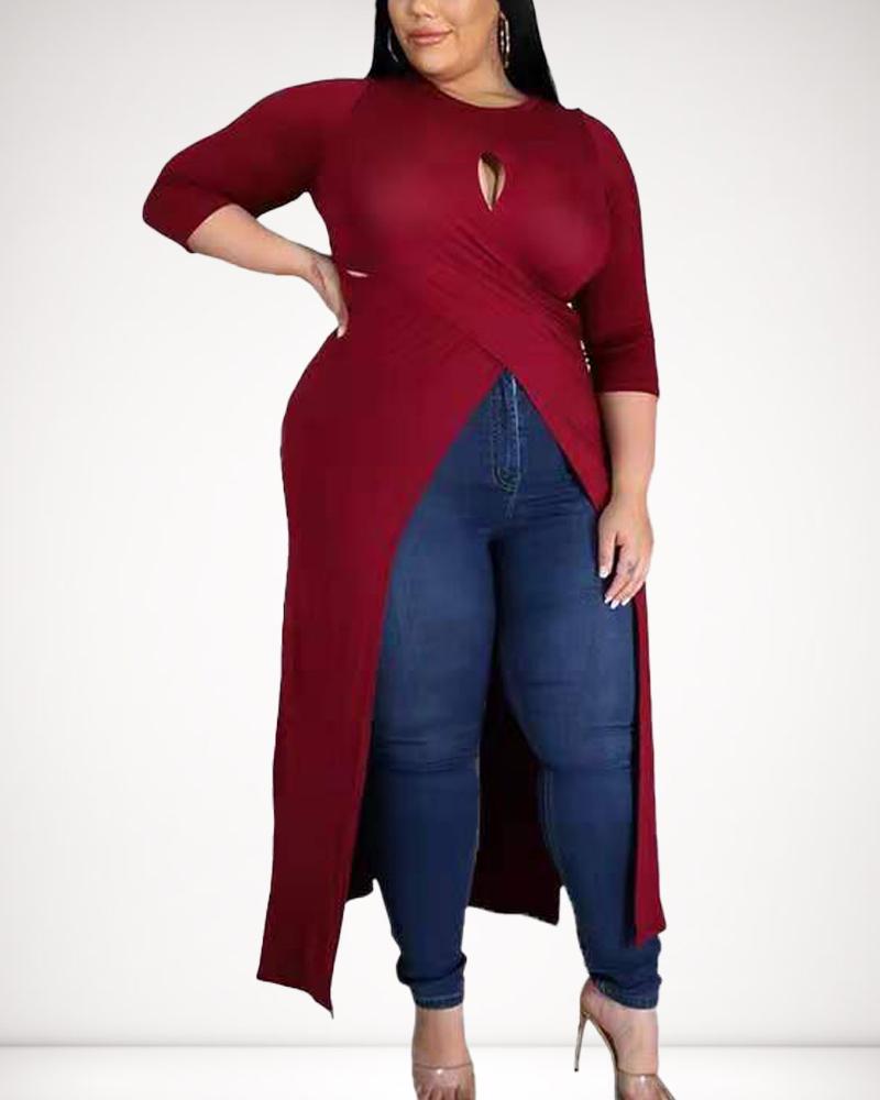 

Plus Size Wrap Front Cut-Out Asymmetrical Maxi Dress, Wine red