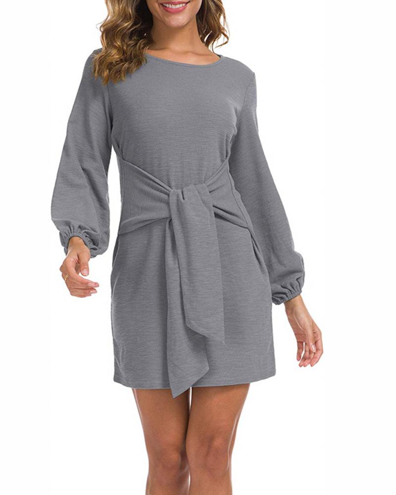 

Tied Detail Long Sleeve Casual Dress, Gray