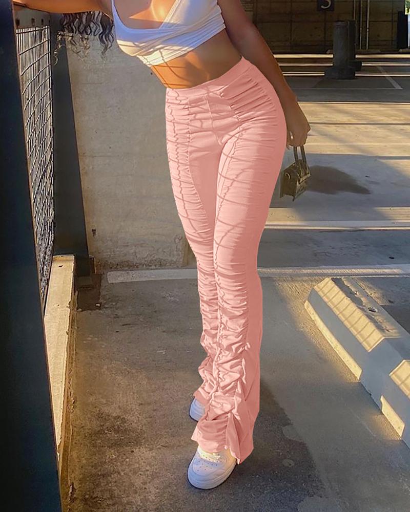 

Ruched High Waist Solid Skinny Bootcut Pants, Pink