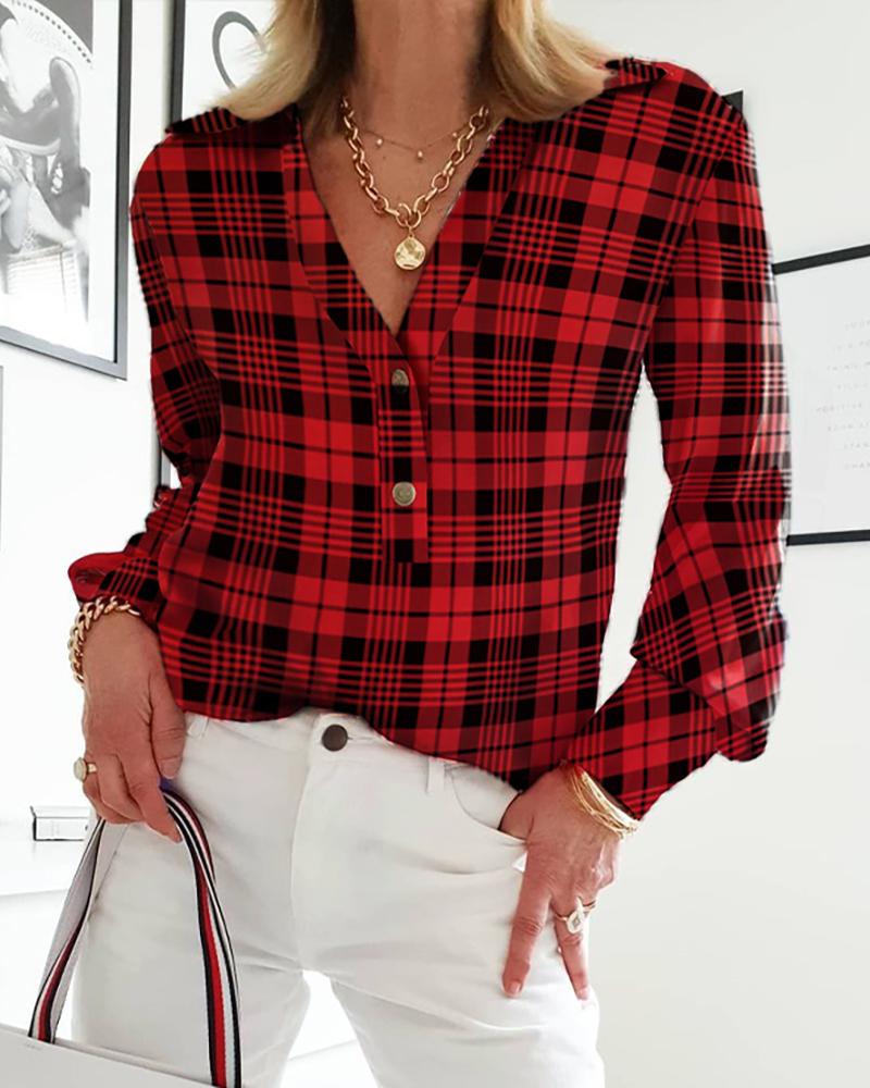 

Plaid Print Long Sleeve Button Design Top, Red