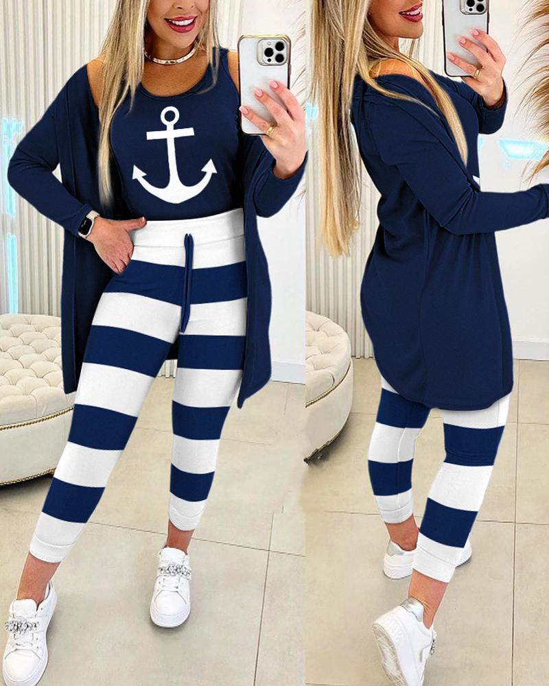 

Anchor Print Tank Top & Striped Drawstring Pants Set With Coat, Purplish blue