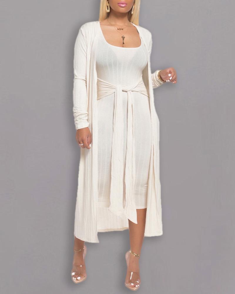 

Tie Front Midi Dress & Long Sleeve Longline Coat Set, White