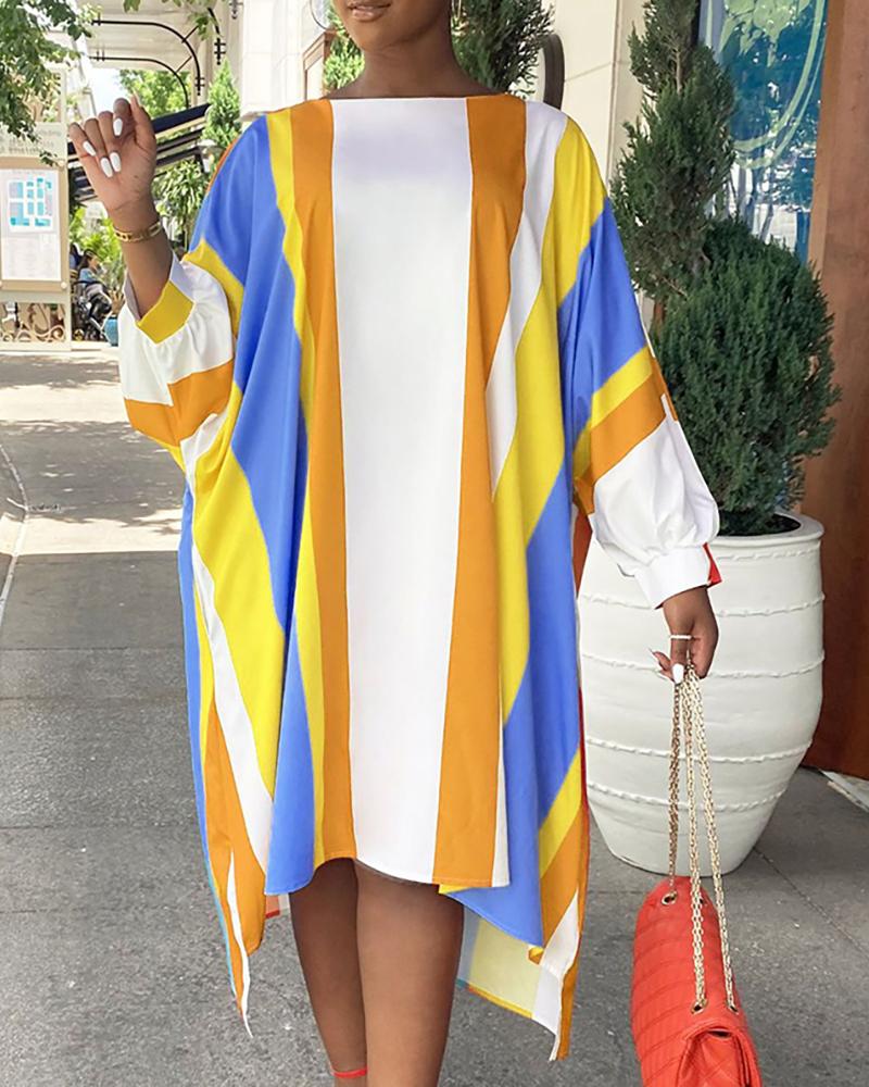 

Striped Colorblock Lantern Sleeve Casual Dress, Style1