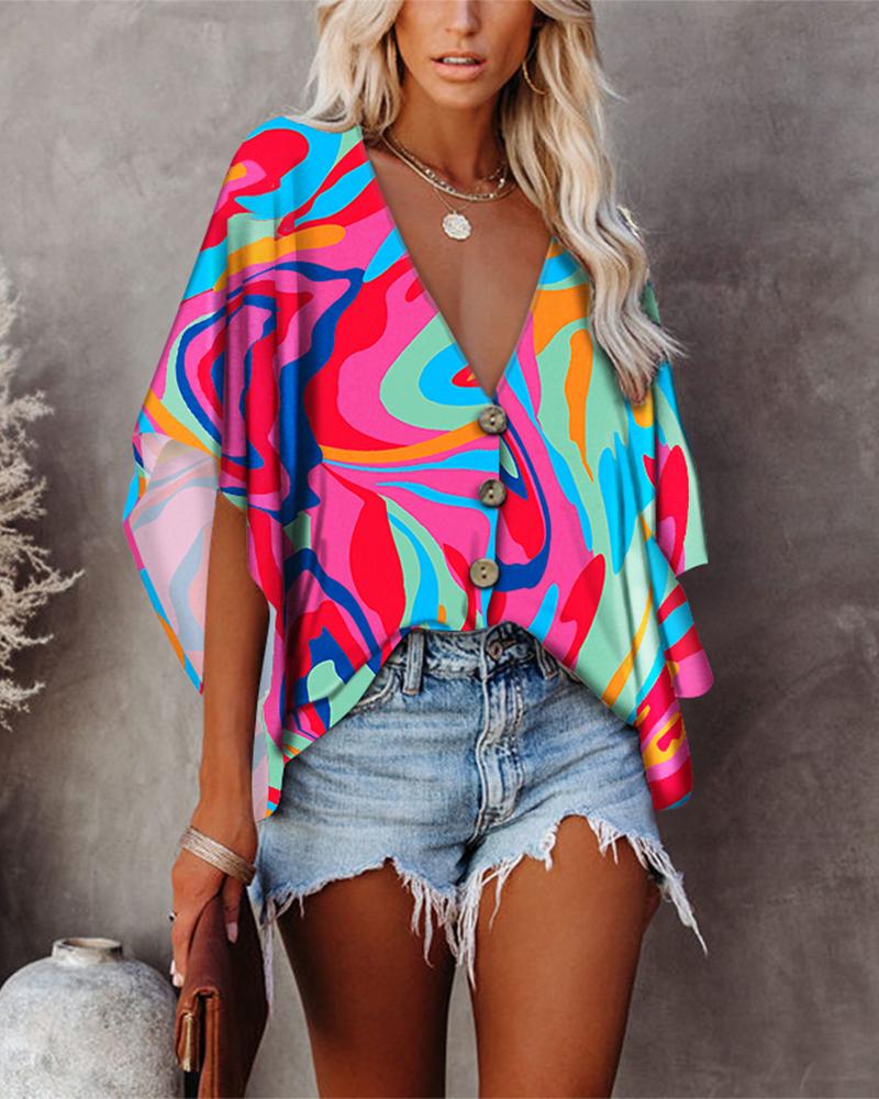 

Abstract Print Batwing Sleeve Button Front Top, Multicolor