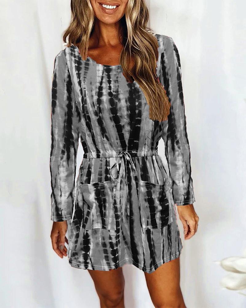 

Abstract Print Long Sleeve Pocket Detail Drawstring Casual Dress, Gray