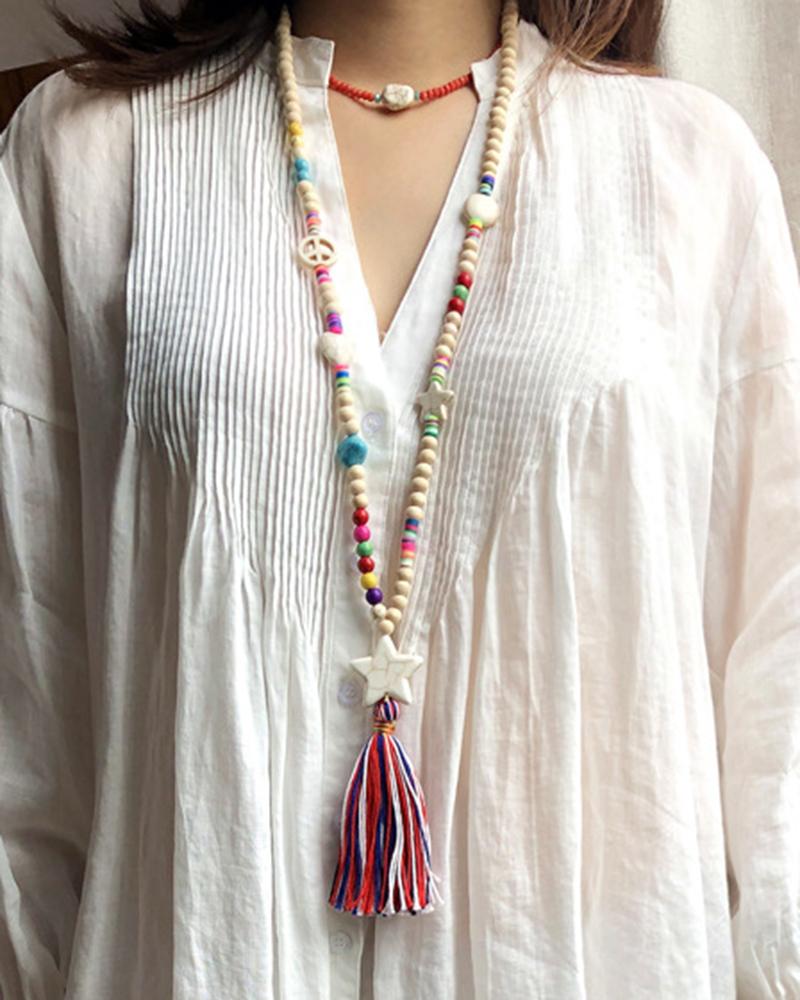 

1pc Bohemian Colorblock Beaded Tassel Design Pendant Necklace, Style1