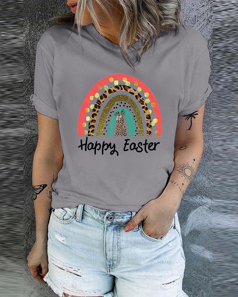 

Happy Easter Bunny Print T-shirt Holiday Graphic Tee, Gray