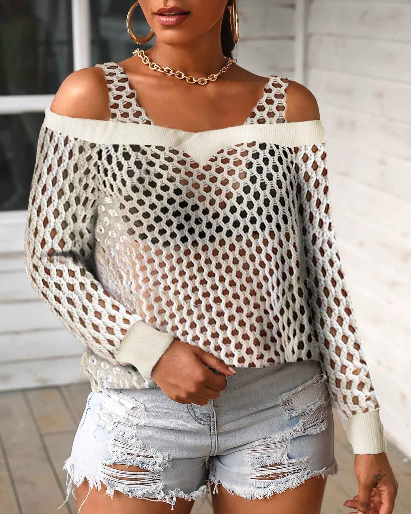 

Fishnet Cold Shoulder Hollow Out Top, Beige
