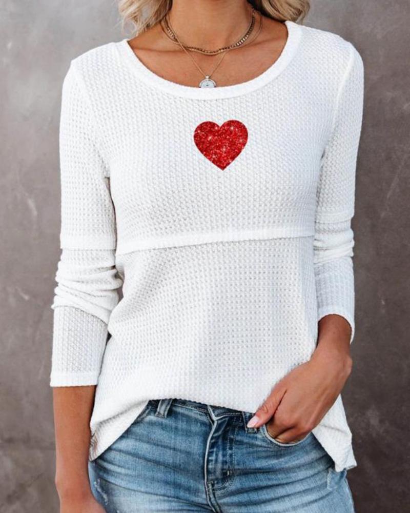 

Heart / Clover Pattern Long Sleeve Casual Top, Red