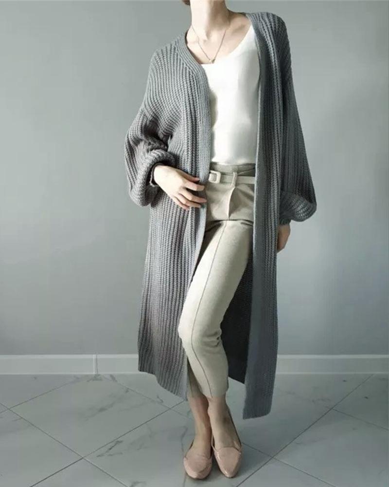 

Open Front Bishop Sleeve Drop Shoulder Longline Cardigan, Gray