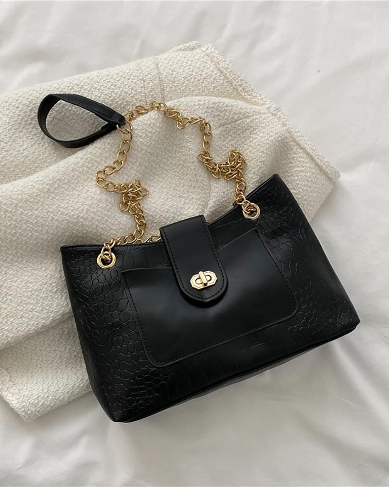 

Chain Strap Square Twist Lock Shoulder Bag, Black