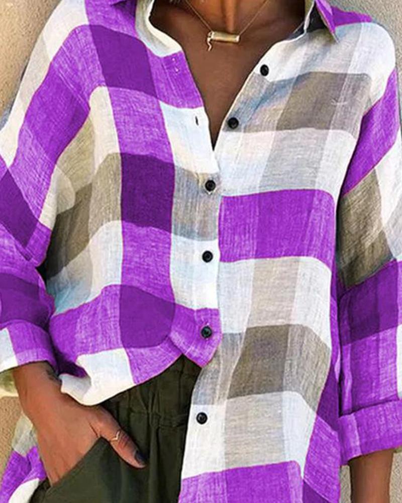 

Colorblock Grid Long Sleeve Shirt, Purple