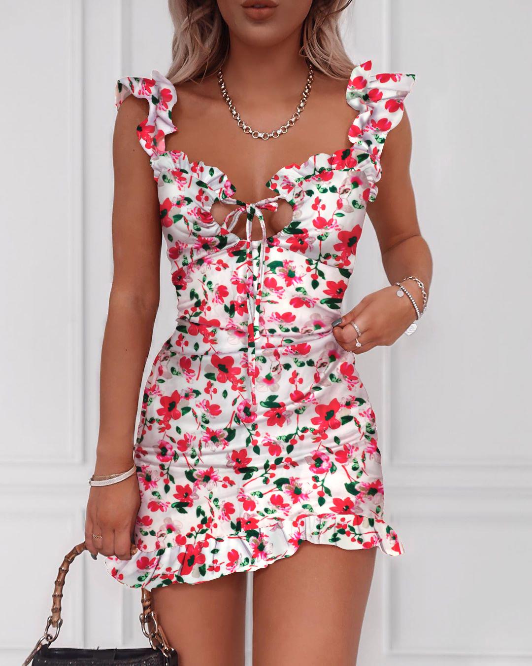 

Floral Print Tied Detail Frill Hem Dress, Red