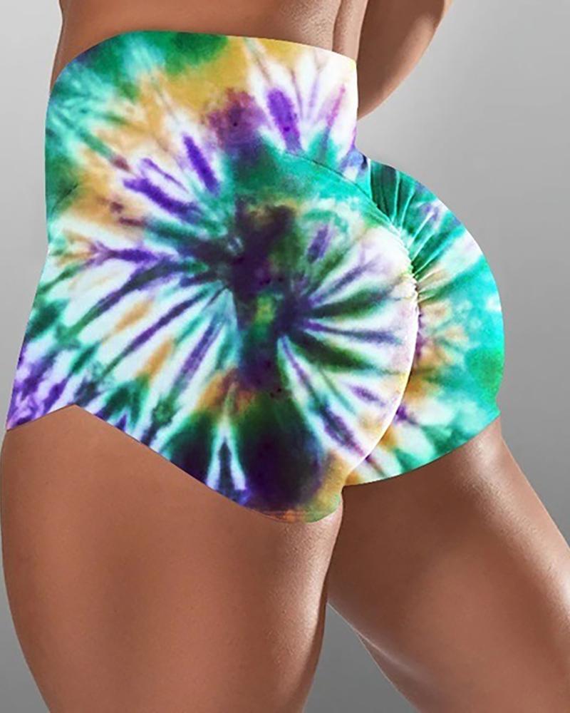 

High Waist Tie Dye Print Ruched Sporty Shorts, Dark green