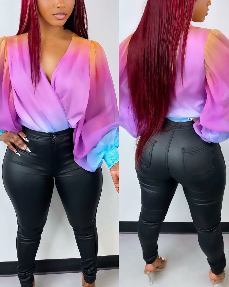 

Ombre Sheer Mesh Lantern Sleeve Wrap Top, Multicolor